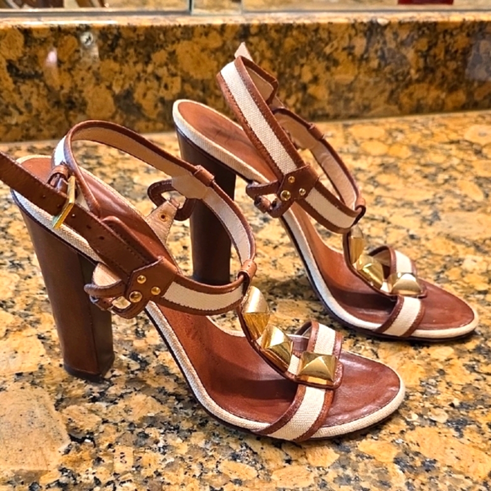 Giuseppe Zanotti Brown Tan Heels with Studded T-Strap